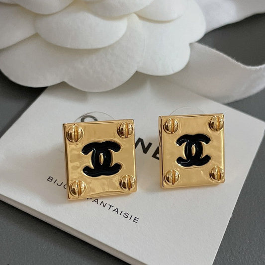 18K Chanel Black Gold Square Earrings