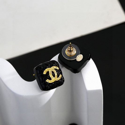 18K Chanel Black Gold Square Earrings