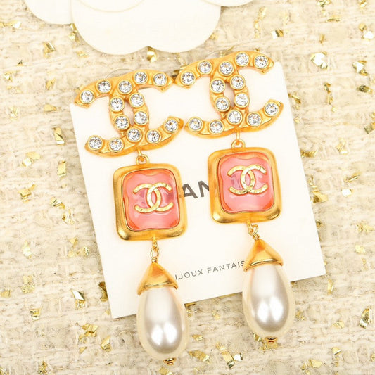 18K Chanel Long Pearl Pendant Earrings