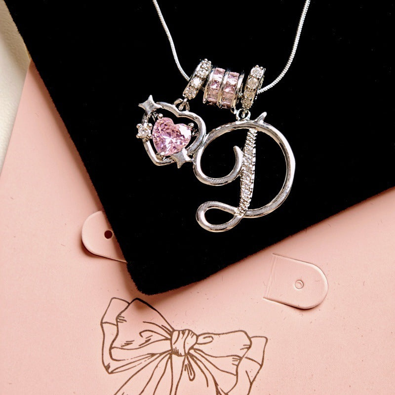 Initial & Pink Crystal Necklace - Silver