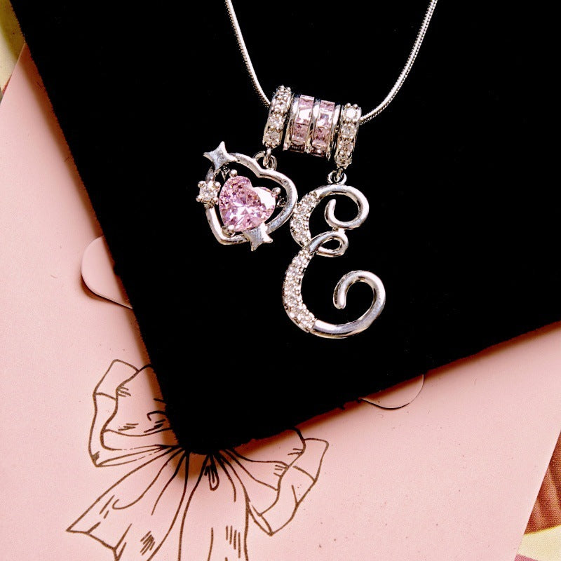 Initial & Pink Crystal Necklace - Silver