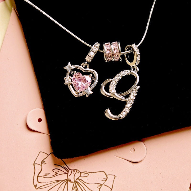 Initial & Pink Crystal Necklace - Silver