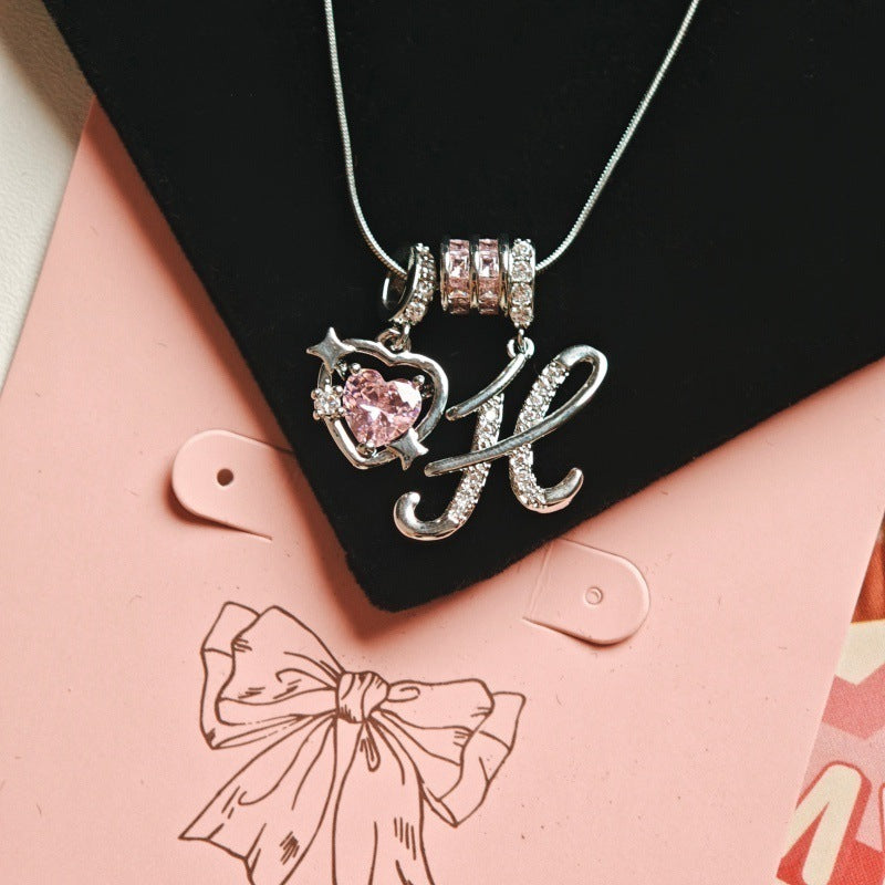 Initial & Pink Crystal Necklace - Silver