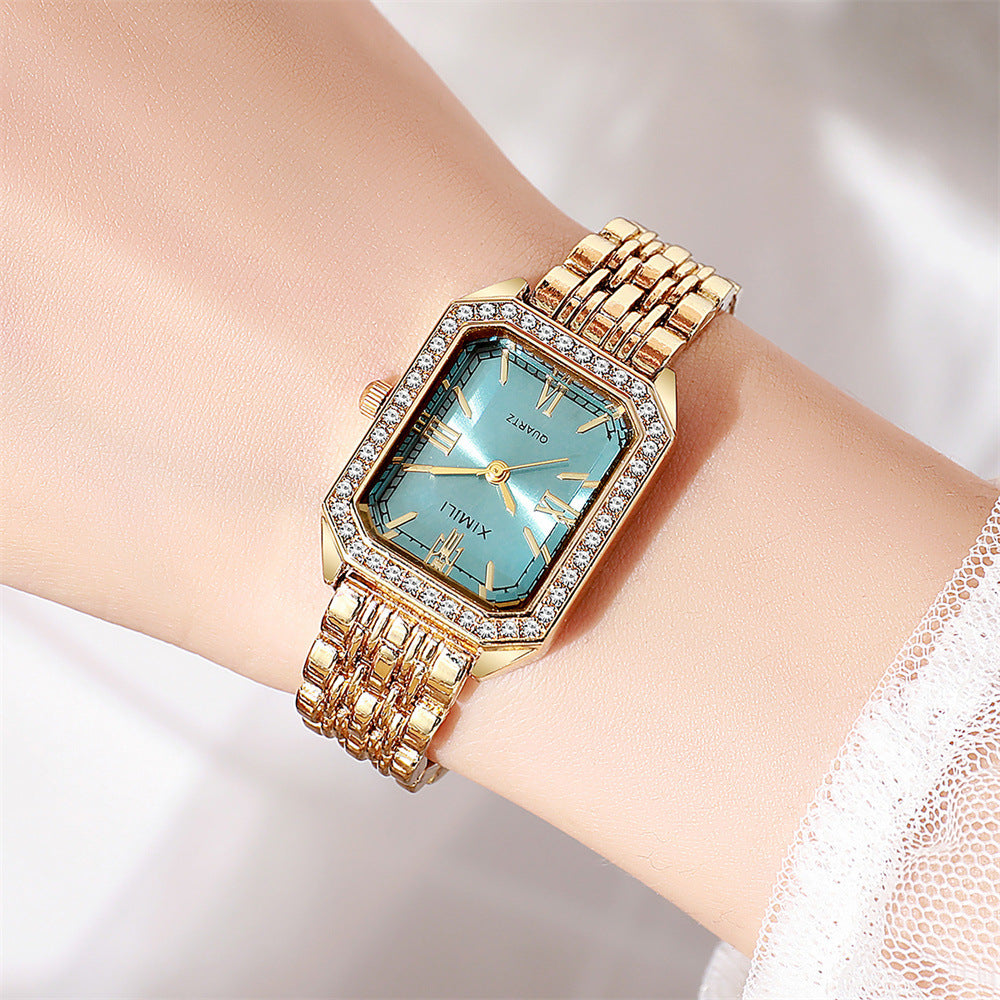 Sparkling Square Gold Watch with Crystal Bezel
