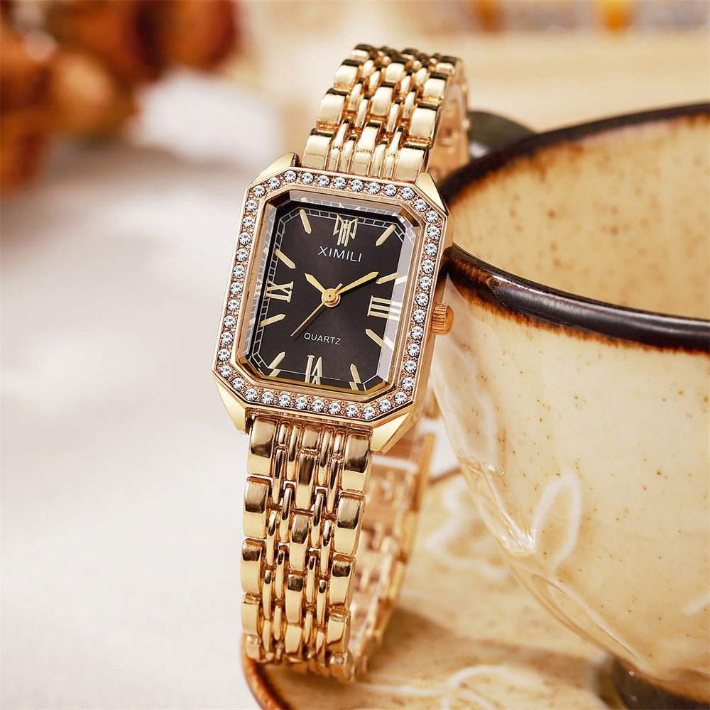 Sparkling Square Gold Watch with Crystal Bezel