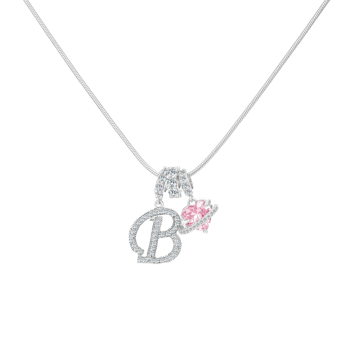 Shimmering Initial & Pink Heart Pendant Necklace