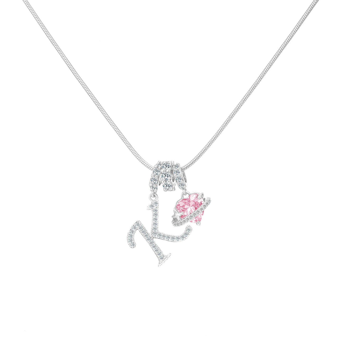 Shimmering Initial & Pink Heart Pendant Necklace