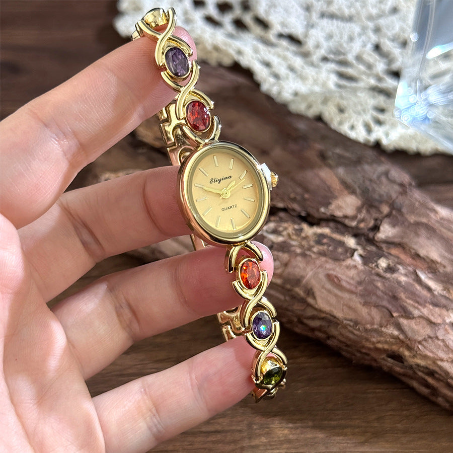 Retro Oval Quartz Watch with Multicolored Crystal Bracelet