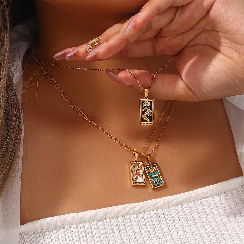 Square Tarot Enamel Titanium Steel Necklace
