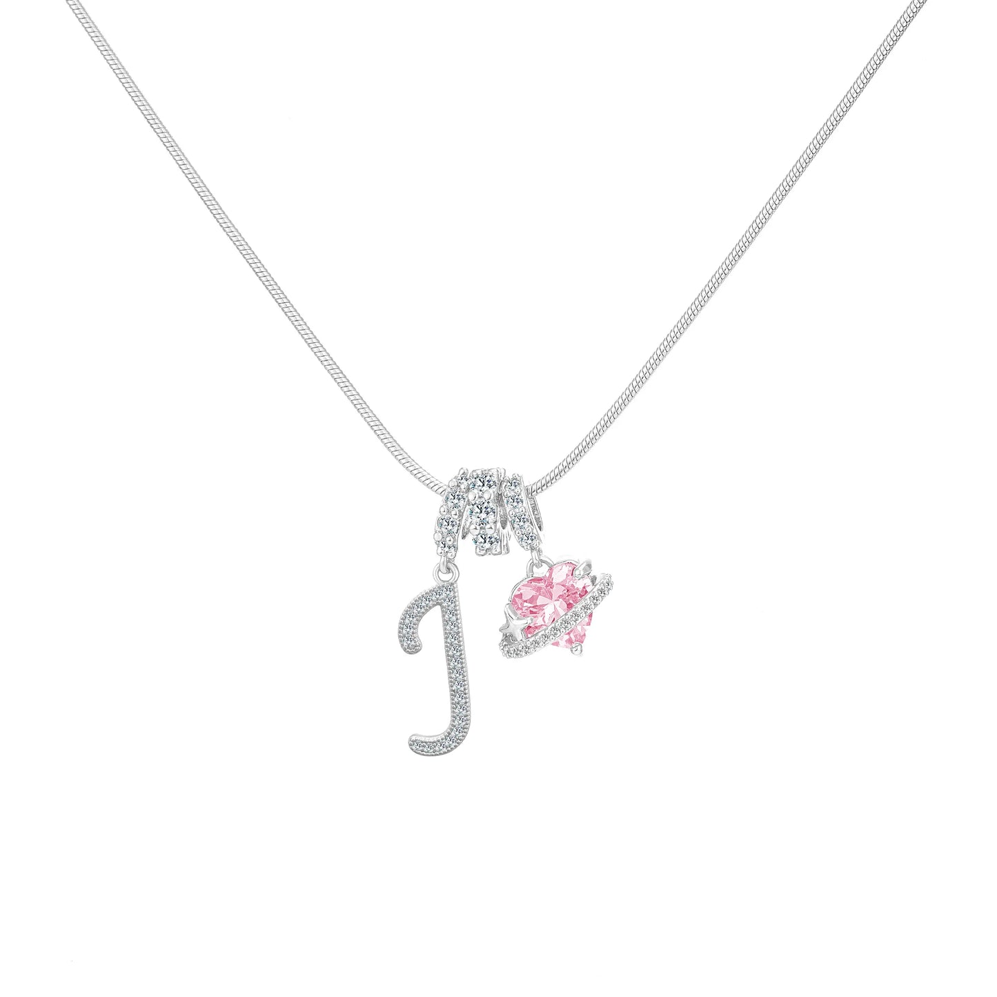 Shimmering Initial & Pink Heart Pendant Necklace