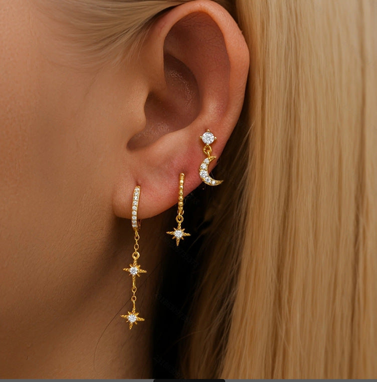Stackable Hexagram and Moon Earrings Set