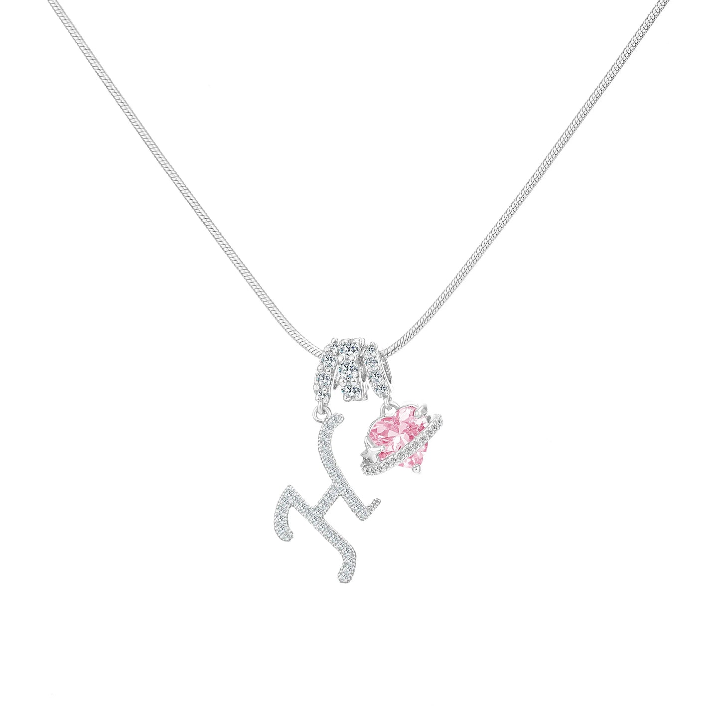 Shimmering Initial & Pink Heart Pendant Necklace