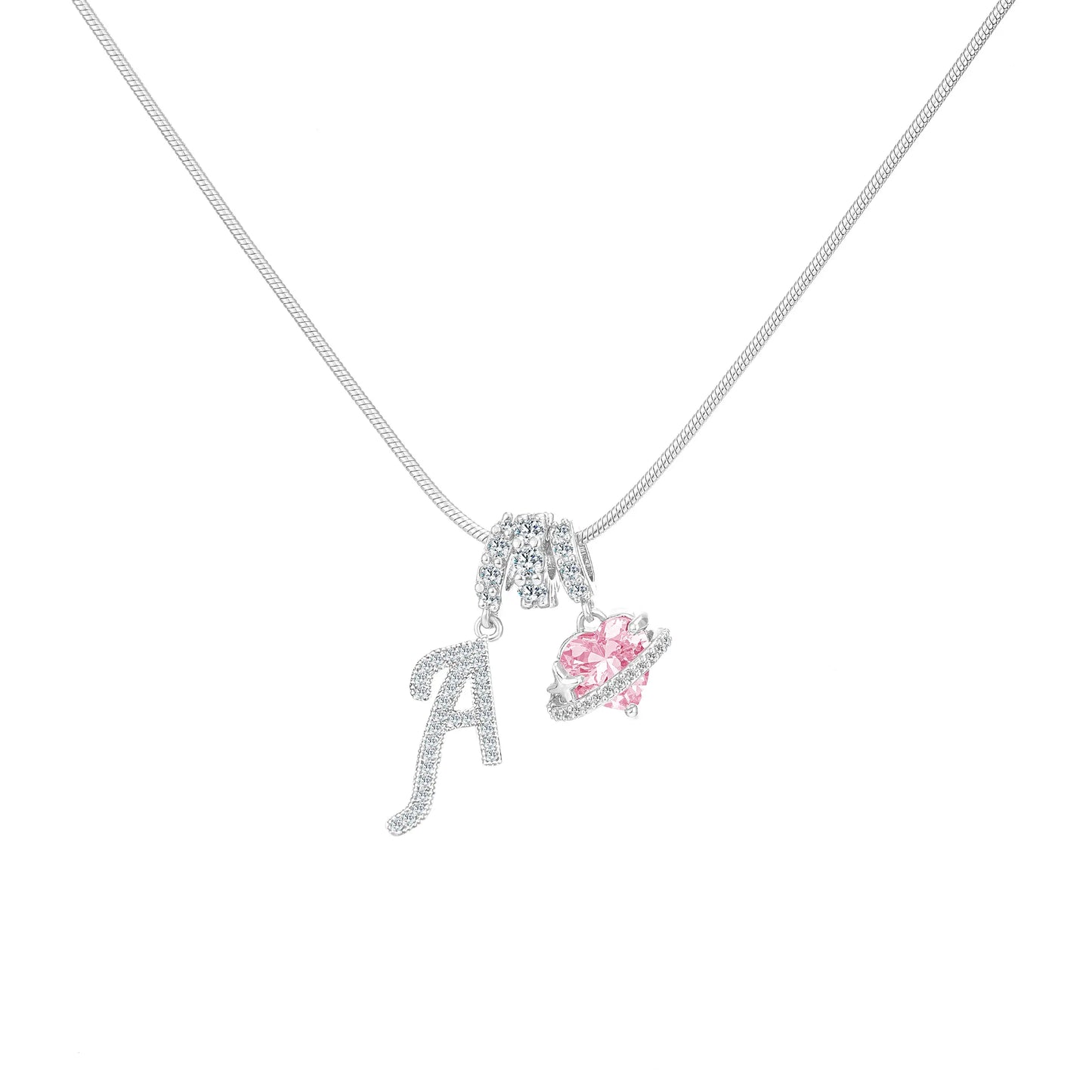 Shimmering Initial & Pink Heart Pendant Necklace