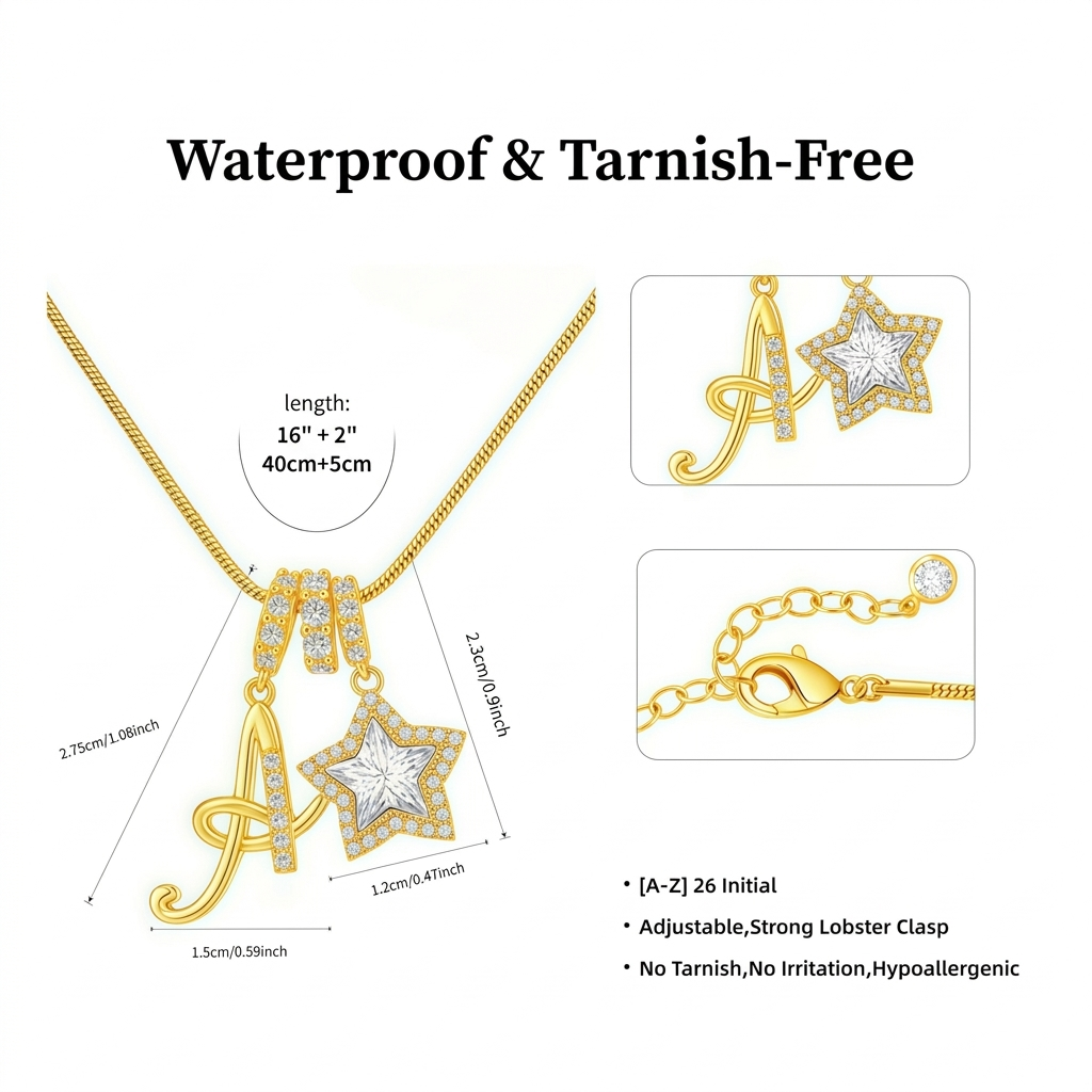 Initial & Star Pendant Necklace ¨C Waterproof & Tarnish-Free