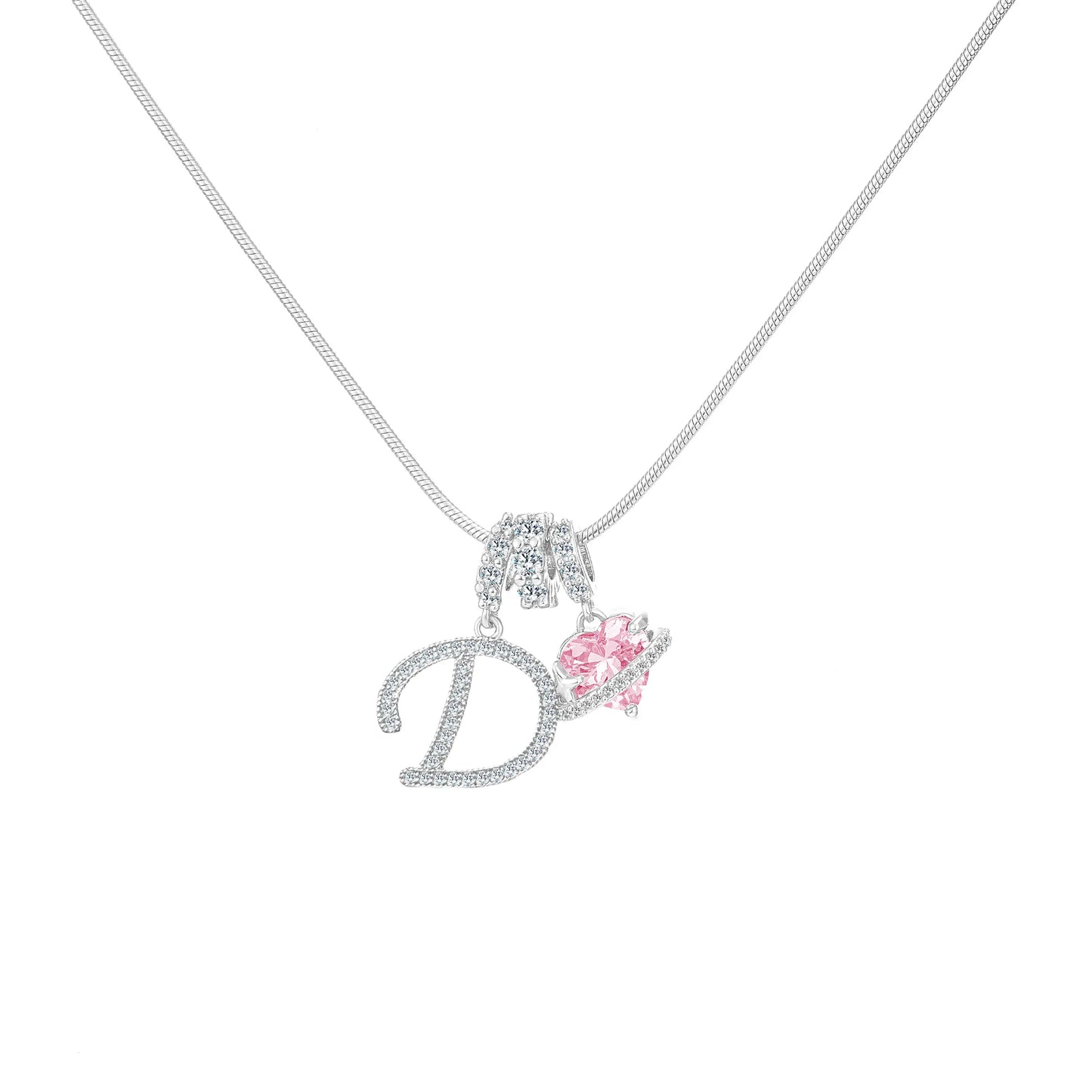 Shimmering Initial & Pink Heart Pendant Necklace