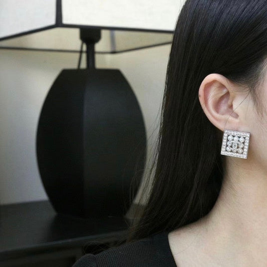 18K  Chanel Diamond & Pearl Square Earrings